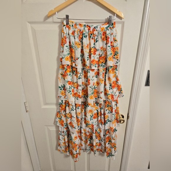 WAYF White And Orange Floral Tiered Ruffle Maxi Skirt Size Small - Picture 4 of 8
